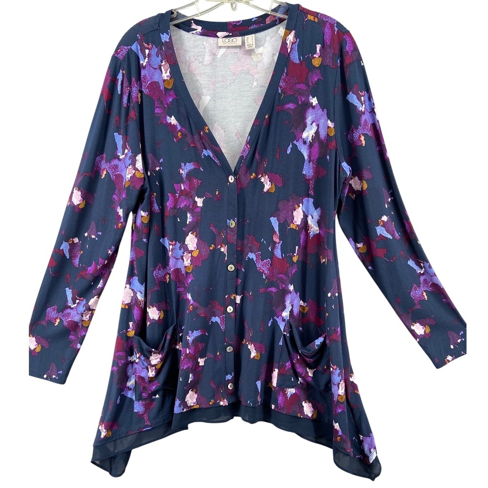 LOGO Lori Goldstein Cardigan Sz M Abstract Floral Print Button‎ Front Tunic Top
